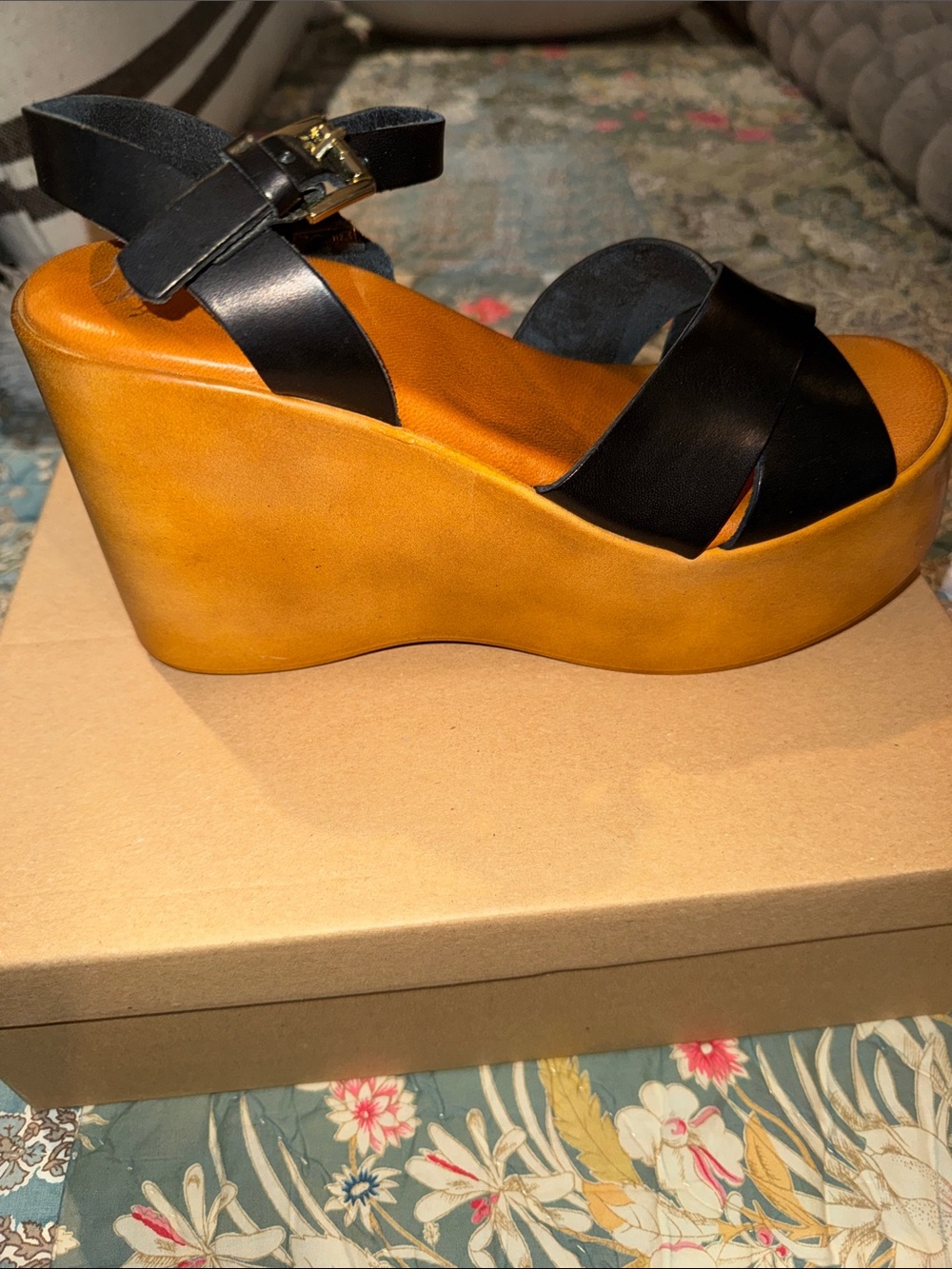 Anthropologie Black Leather Crisscross Platform Wedge Sandals - Picture 8 of 9